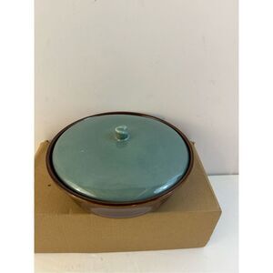 Brown Pottery dish with green lid   Made in USA 8" round 2 piece